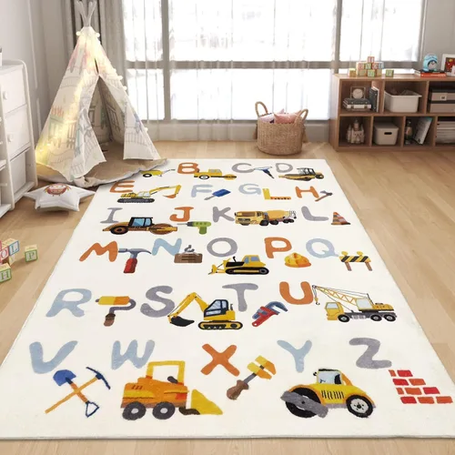 Vista 11 de Alfombra de construcción ABC de 3 x 5 pies para niños, alfombra de juego del alfabeto, alfombra de camión para dormitorio, juego de letras