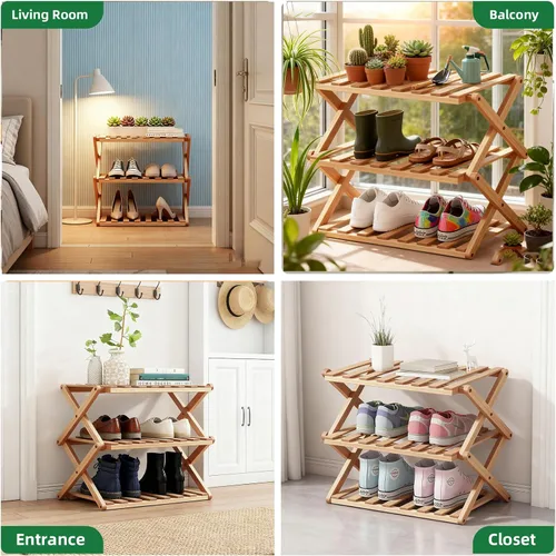 Vista 7 de Zapatero de bambú de 3 niveles, organizador plegable de almacenamiento de zapatos para armario, dormitorio, entrada y sala de estar, diseño portátil