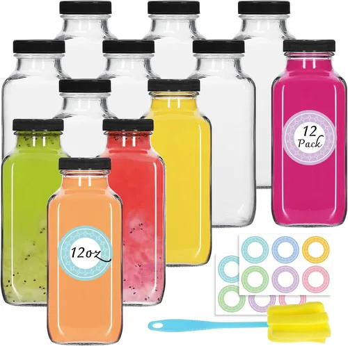 Vista 11 de NEWMIAO 3 paquete de 8 onzas Botellas de jugo de vidrio con tapas, 250 ml Botellas de agua de vidrio reutilizables, recipientes de bebida vacíos