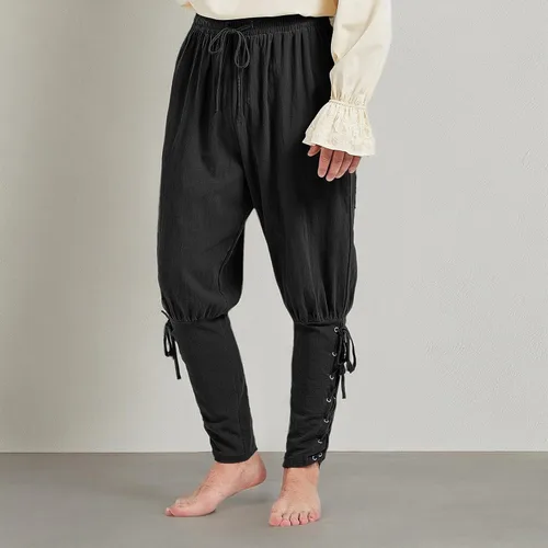 Vista 9 de Pantalones piratas para hombre, con banda de tobillo, pantalones renacentistas medievales, vikingos, pantalones de navegador, disfraz de Halloween