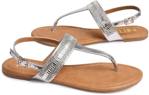 Vista 6 de NITTI Sandalias planas para mujer Correa en T con diamantes de imitación y hebilla de tobillo ajustable para mujer