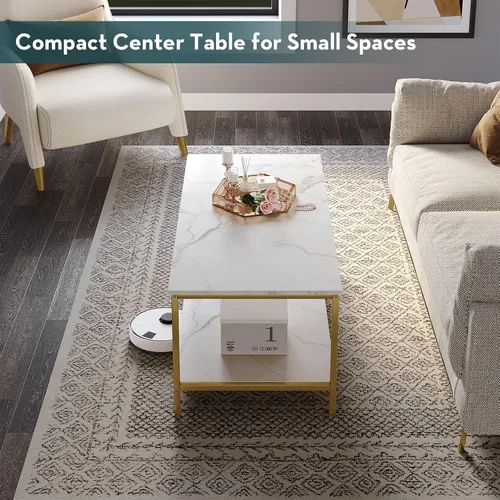 Vista 4 de SAYGOER Mesa de centro moderna de 2 niveles para sala de estar, mesas de centro de oro blanco, mesa rectangular industrial de madera para espacios