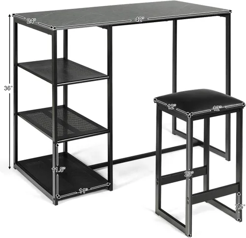 Vista 4 de COSTWAY Juego de comedor de 3 piezas, compacto de 2 sillas y juego de mesa, juego de cocina con mármol sintético rectangular, 3 estantes
