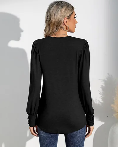 Vista 2 de Riyiper 2 piezas de camisetas de manga larga abombadas para mujer, estilo casual, holgadas, cuello redondo, puños con botón