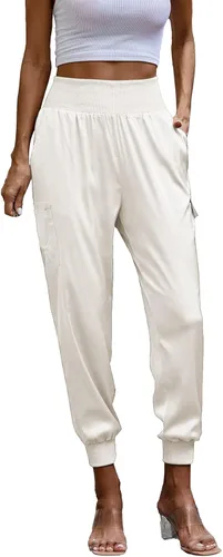 Vista 2 de FUMOOD Pantalones deportivos de satén para mujer, casuales, de cintura alta, sin botones, casuales, hasta el tobillo, de satén sedoso, cargo
