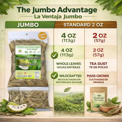 Vista 8 de Hojas de Guanábana (Té de Hojas de Guanábana) – Jumbo 4 oz – 100% Natural, Vegano, Sin OGM, Silvestre y Auténtico – Té Herbal Sin Cafeína – Rinde