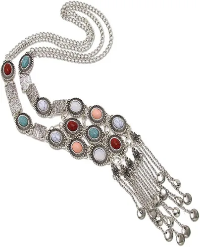 Vista 5 de BOLERPE Collar tribal étnico bohemio largo turquesa para mujer Vintage Retro Rhinestone (Plata), Plástico Metal Estrás, No es una piedra preciosa