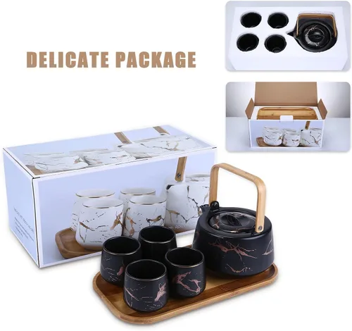 Vista 6 de ENJOHOS Juego de té de mármol negro para adultos con bandeja de madera, juego de tetera de cerámica (40 onzas) con 4 tazas de té de porcelana