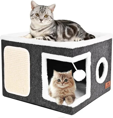 Vista 11 de Casa de Gato de 2 Pisos para Gatos de Interior, Cama de Cueva de Gato de Dos Propósitos con Almohadilla para Arañar y Bola Esponjosa, Escondite