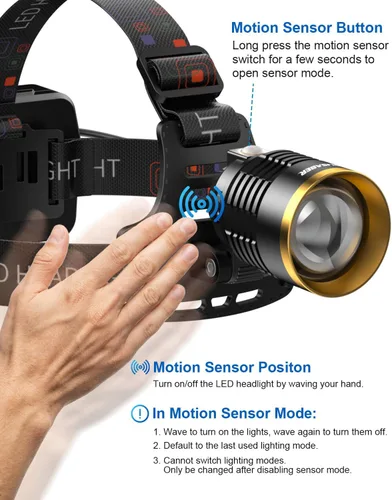Vista 5 de Linterna frontal LED recargable, 1000 lúmenes, súper brillante, con sensor de movimiento y luz doble, luz frontal impermeable con zoom de 90°