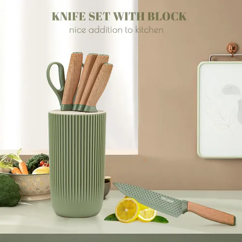 Vista 4 de Juego de cuchillos de cocina, 6 piezas, juego de cuchillos profesionales verdes con bloque de cuchillos universal, juego de cuchillos súper afilados