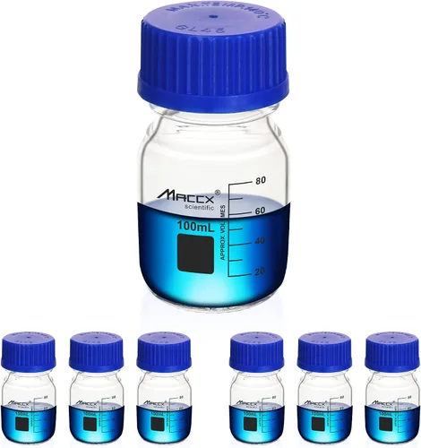 Vista 16 de Botellas redondas de vidrio de 34 onzas (33.8 fl oz), botella de vidrio de borosilicato resistente con tapa de rosca GL45, paquete de 2