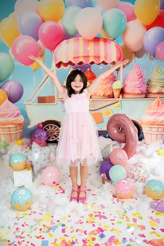 Vista 2 de Kate Telón de fondo de globo de helado para automóvil, decoración de fiesta de cumpleaños para niños, fondo de fotografía de 6.5 x 6.5 pies
