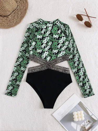 Vista 5 de WDIRARA Traje de baño de una pieza con estampado floral y manga larga con control de abdomen para mujer