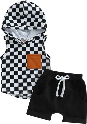 Vista 29 de Conjunto de ropa de verano para bebé niño y niño, diseño a cuadros, manga corta, sudadera con capucha y pantalones cortos casuales