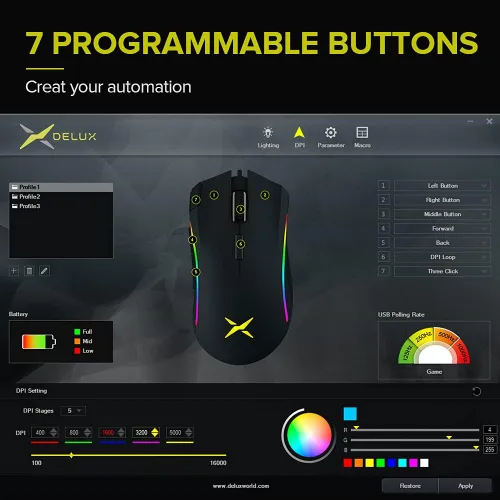 Vista 6 de DeLUX Mouse ergonómico inalámbrico para juegos con Pixart 335 16000 DPI, receptor USB 2.4G, 7 botones programables e interruptor rojo Kailh, ratones