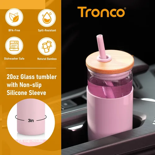 Vista 2 de Tronco - Vaso de vidrio de 20 onzas con tapa de bambú y pajilla, botella de vidrio con funda protectora de silicona, vaso reutilizable para licuado
