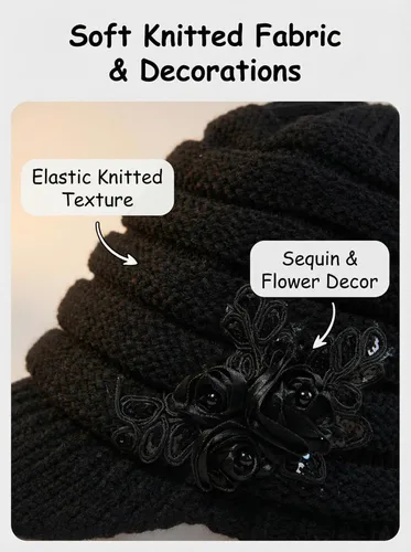 Vista 6 de C-US Gorro de invierno para mujer de punto con ala tejida y visera con detalle de flor Negro