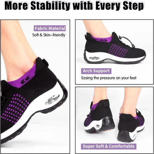 Vista 6 de STUNAHOME Tenis sin cordones para mujer, parte inferior gruesa, con cojín de aire, zapatos de malla transpirable, zapatos ortopédicos para mujer