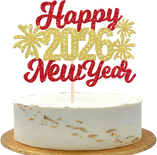 Vista 9 de 1 paquete de decoración para tartas con purpurina de fuegos artificiales para 2026 Año Nuevo 2026, decoración para pasteles de bienvenida 2026