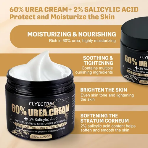 Vista 3 de 60% Crema de Urea con 2% Ácido Salicílico, Crema de Urea 60 Por Ciento para Pies y Manos - Hidratante de Fuerza Máxima para Piel Áspera, Seca