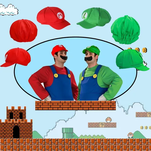 Vista 2 de oUUoNNo Juego de 2 disfraces de Halloween de Super Bros para parejas, tirantes de cosplay, sombrero, botones, guantes para bigote para niños