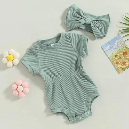 Vista 25 de Traje de verano para niña pequeña, de manga corta, acanalado, overol liso, pantalones cortos, ropa para recién nacidos