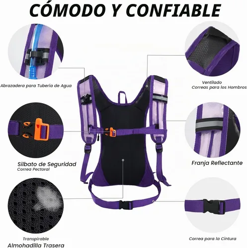 Vista 3 de Nepest Hydration Pack Backpack with 2L Water Bladder Reflective Lightweight Holográfico - Morado