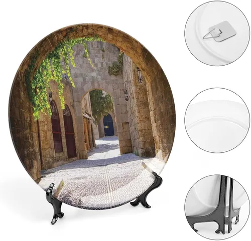 Vista 4 de Plato decorativo de 6 pulgadas, cerámica toscana, antigua calle italiana en pequeña ciudad provincial de Italia, placa de exhibición europea hecha a