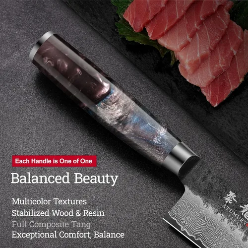Vista 4 de Cuchillo de chef japonés Kiritsuke de 8.27 pulgadas con núcleo VG10, cuchillo profesional de Damasco forjado a mano de 67 capas con mango