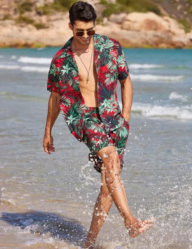 Vista 4 de COOFANDY Conjunto de camisa hawaiana y pantalones cortos para hombre, traje de playa de 2 piezas con sombreros de pescador