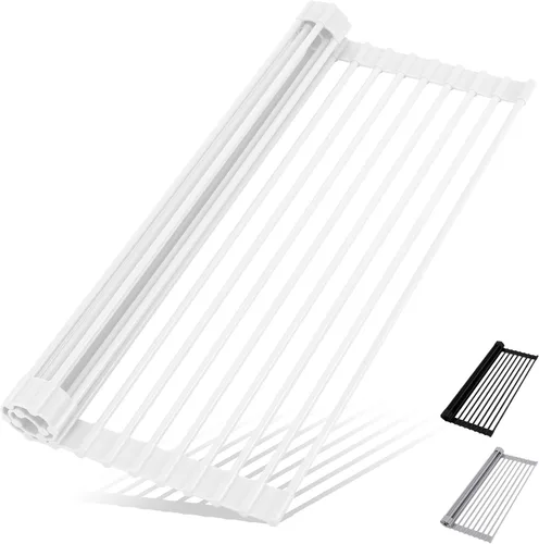 Vista 11 de HANZENMA Estante triangular para fregadero, estante multifuncional sobre la encimera, esterilla plegable para secar el fregadero, resistente al Negro