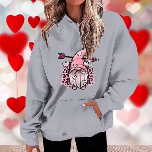 Vista 2 de Sudaderas para el día de San Valentín para mujer, diseño de leopardo, gnomo, corazón, manga larga, sudaderas con capucha de moda para San Valentín