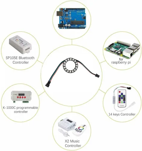 Vista 6 de Anillo LED WS2812 de 16 bits con cable de enchufe SM2.54-3P, WS2812B 5050 Módulo LED RGB direccionable DC5V con controladores incorporados