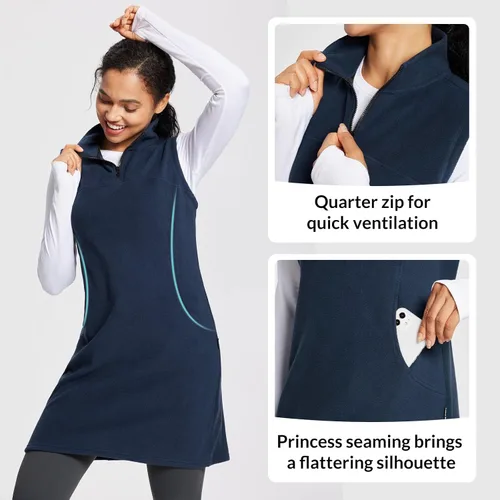 Vista 3 de BALEAF Chaleco de forro polar para mujer, sudadera tipo túnica, chaleco largo con cremallera de un cuarto, sudadera con bolsillo