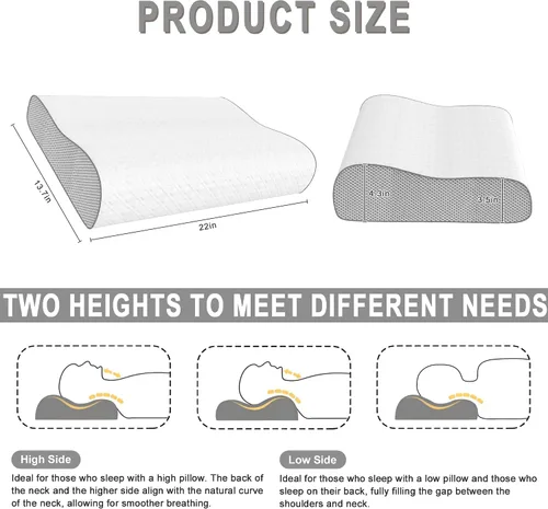 Vista 2 de Almohada cervical para aliviar el dolor de cuello, almohada de espuma viscoelástica, almohada ergonómica de contorno ajustable para dormir de lado