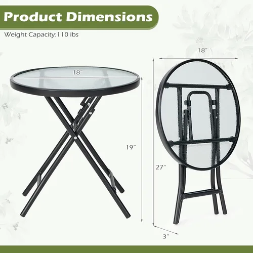 Vista 3 de GIANTEX Mesa auxiliar redonda plegable, mesa de patio con mesa de vidrio Semitransparente + Negro