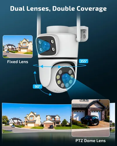 Vista 2 de OHWOAI Cámara de seguridad al aire libre inalámbrica de doble vista, cámaras de vigilancia 2.4G/5G WiFi PTZ con visión nocturna a