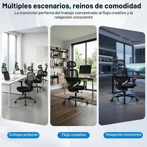 Vista 7 de Silla ergonómica de escritorio de oficina, silla de computadora de malla transpirable con respaldo alto, soporte lumbar 3D, reposacabezas 2D