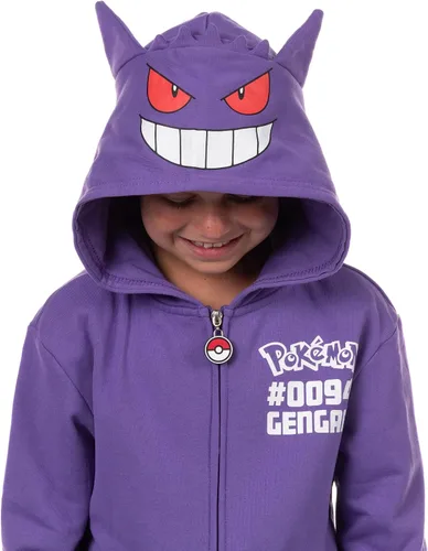 Vista 2 de Mad Engine Sudadera con capucha Pokémon para niños Gen 01 con cierre y disfraz 3D de personaje (Gengar)