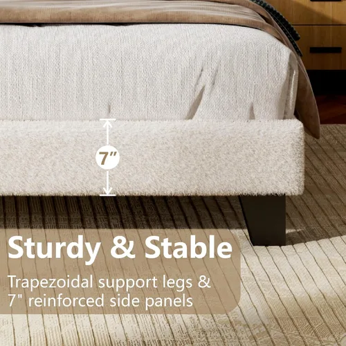 Vista 6 de Base de cama Queen con cabecera ajustable, cama plataforma Boucle Cloud con listones de madera, base de colchón, no necesita somier, fácil montaje