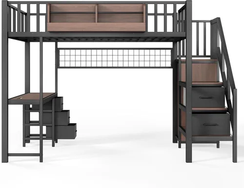 Vista 5 de MERITLINE Cama loft para juegos de tamaño matrimonial con escritorio y Negro