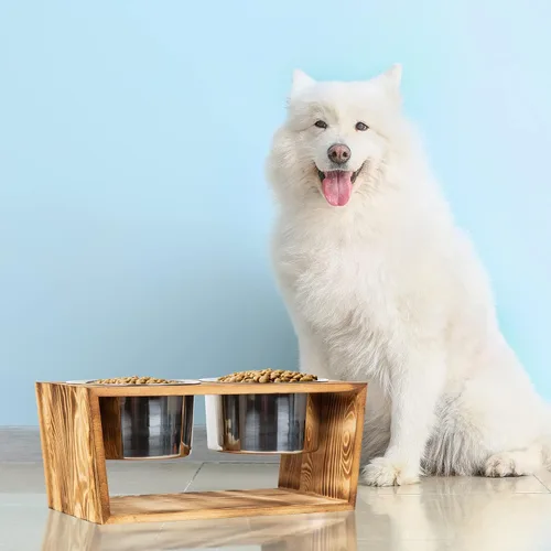 Vista 5 de Cuencos elevados de madera rústica para perros y gatos con dos cuencos de acero inoxidable (marrón)