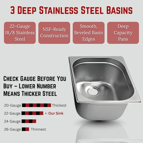 Vista 3 de Fregadero de concesión de acero inoxidable con 3 compartimentos grandes Portable 3-basin sink with 12" faucet, bar drains, and basket strainers