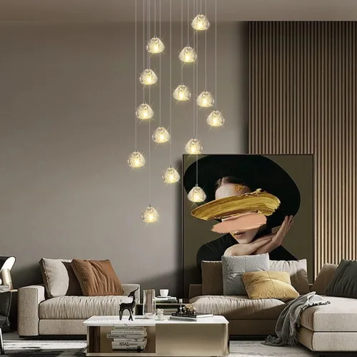Vista 5 de Candelabro de cristal LED moderno, lámpara colgante de gota de lluvia, lámpara de techo de bola de cristal, 14 luces para escalera, sala de estar