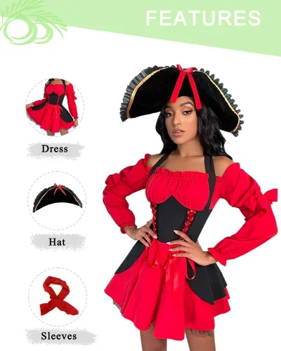 Vista 5 de Disfraz sexy de pirata de Halloween para mujer, 3 piezas de vestido de capitán