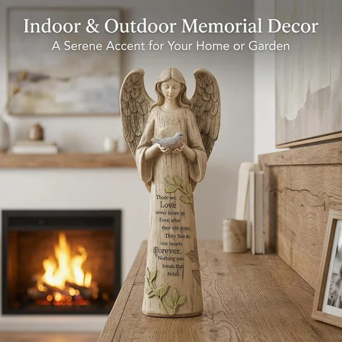 Vista 5 de Topadorn Estatua de jardín de ángel de 10 pulgadas con pájaro – Figura de resina conmemorativa de condolencias para jardín, patio y decoración