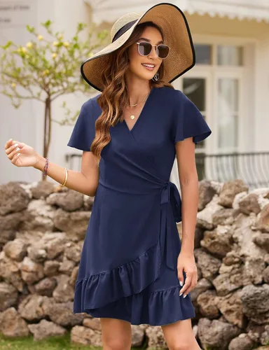 Vista 3 de Naggoo - Vestido de verano con diseño cruzado, cuello en V, estampado de lunares o floral, volantes, manga corta, cinturón, corto, para mujer