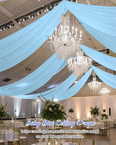 Vista 8 de 6 Paneles de Cortinas de Techo Azul Bebé para Boda, Cortinas de Techo de 5 pies x 30 pies, Tela de Cortina para Arco de Boda, Cortinas Transparentes
