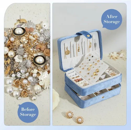 Vista 4 de Joyero pequeño de terciopelo para mujeres y niñas, estuche portátil de viaje de doble capa para anillos, colgantes, aretes, collares, organizador